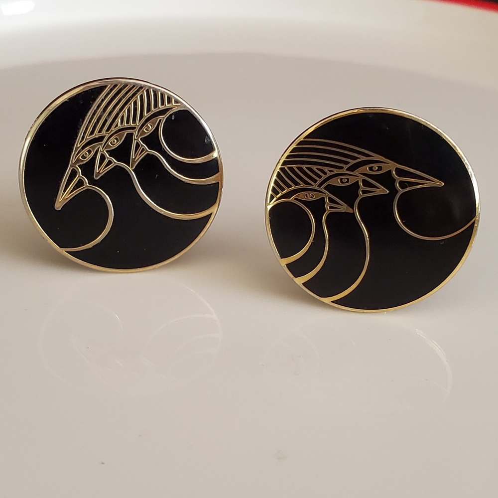 VTG Laurel Burch Celestial Birds Clip On Earrings‎ Black Enamel Gold Tone Signed